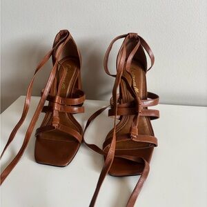 L’Intervalle Women's Tan Lace-Up Strappy Heeled Sandals